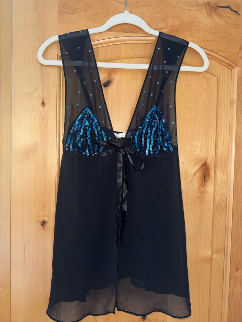 Victoria's Secret Black Babydoll lingerie top with Blue Sequin Trim